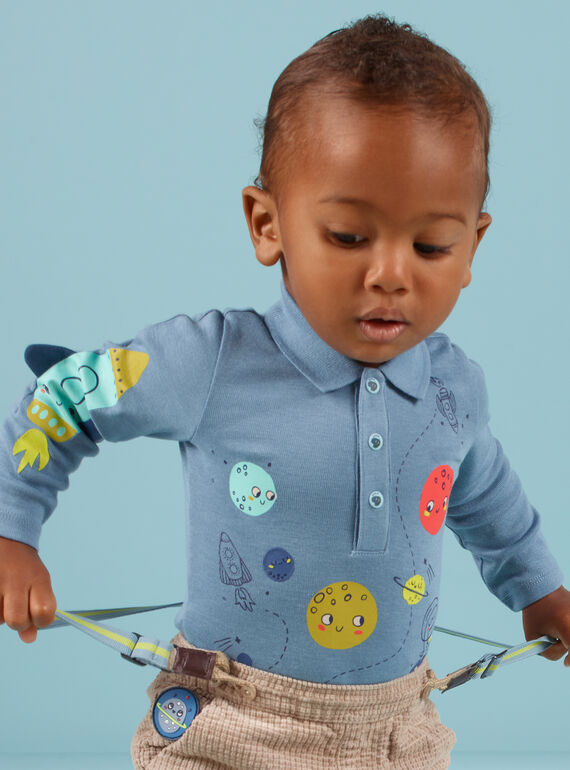 Body de color azul jaspeado con cuello con estampado de espacio para bebé niño MUPLABOD / 21WG10O1BODC224