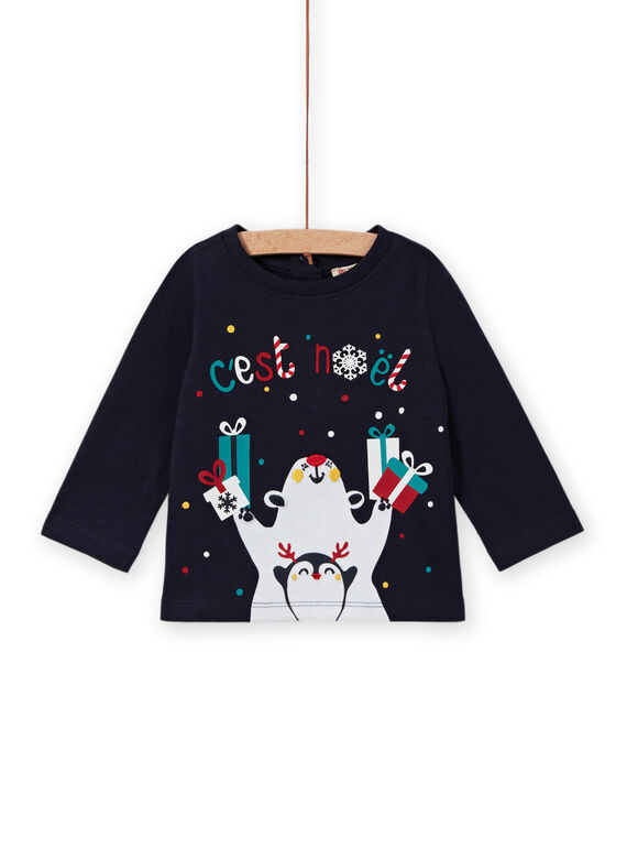 Camiseta de color azul marino con estampado de Navidad de fantasía para bebé niño MUNOTEE / 21WG10Q1TML070