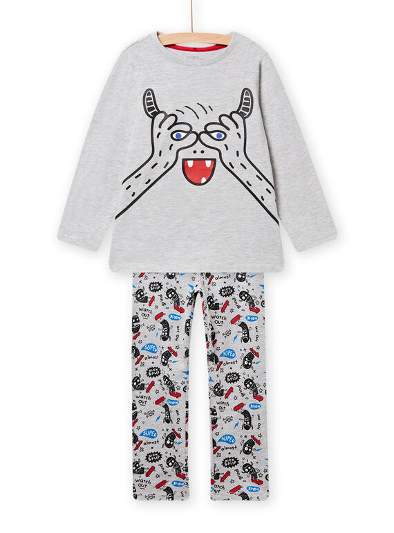 Pijama de camiseta y pantalón gris jaspeado con estampado de monstruo y detalles fluorescentes para niño NEGOPYJMON / 22SH12G4PYJJ922