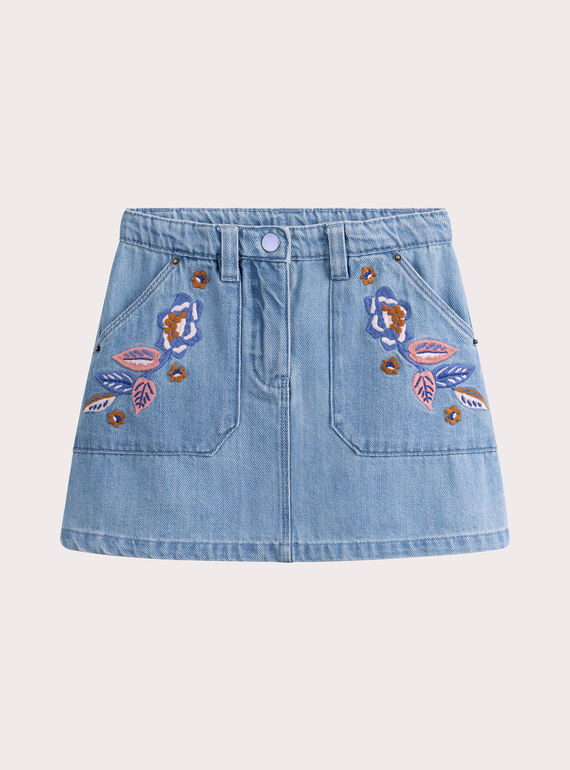Falda vaquera azul con bordado floral para niña VADAJUP1 / 24W90121JUPP272