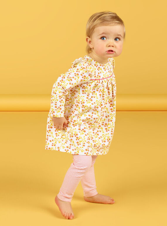 Conjunto de vestido de color blanco y amarillo, con estampado floral, y leggings de rayas, de color blanco y rojo, para bebé niña LINAUENS1 / 21SG09L2ENS001