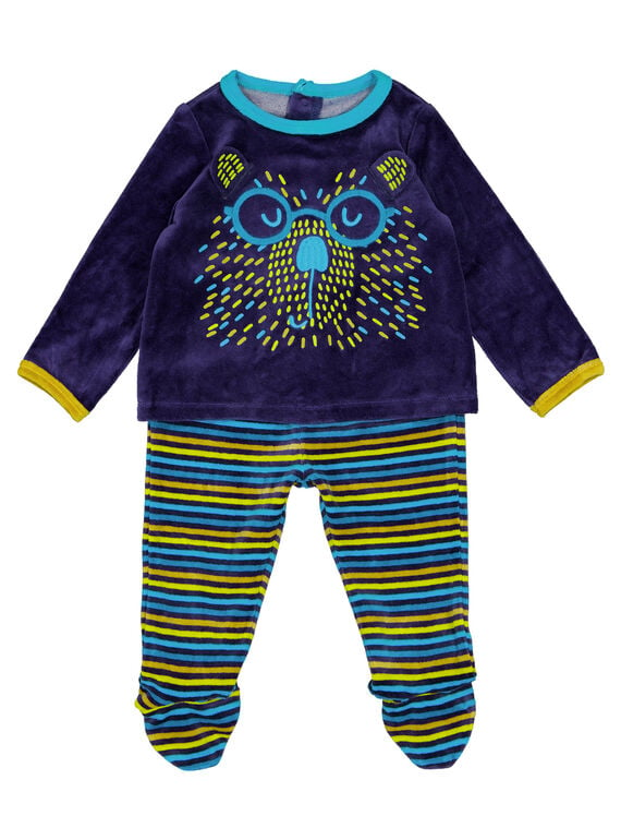 Pijama de color azul marino con parte interior de rayas de terciopelo para niño recién nacido GEGAPYJANI / 19WH14N1PYJ713