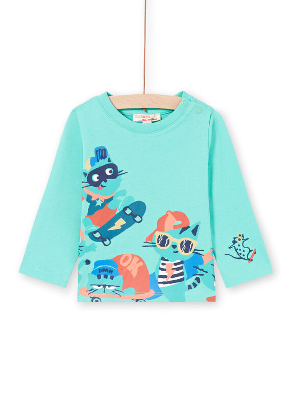 Camiseta turquesa con estampado de gatos skaters para bebé niño MUTUTEE2 / 21WG10K1TML209