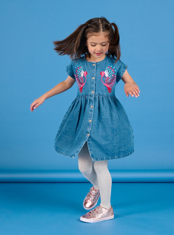 Vestido vaquero de manga corta con estampado de loros PAGOROB2 / 22W901O1ROBP274