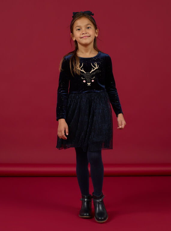 Vestido azul marino con estampado de ciervo de terciopelo y gasa para niña MANOROB1 / 21W901Q1ROB070