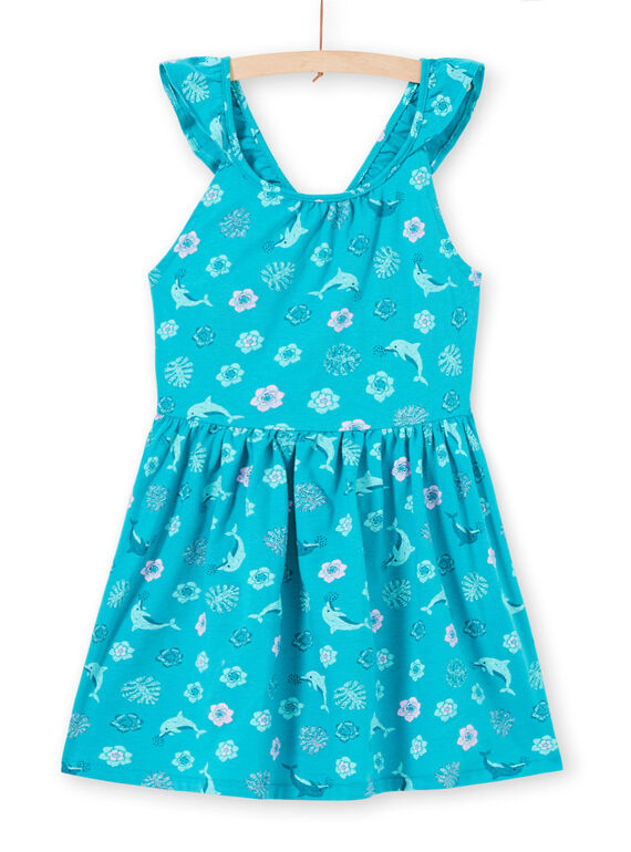 Vestido turquesa de tirantes avolantados con estampado de delfín y flor para niña LAPLAROB2 / 21S901T1ROBC216