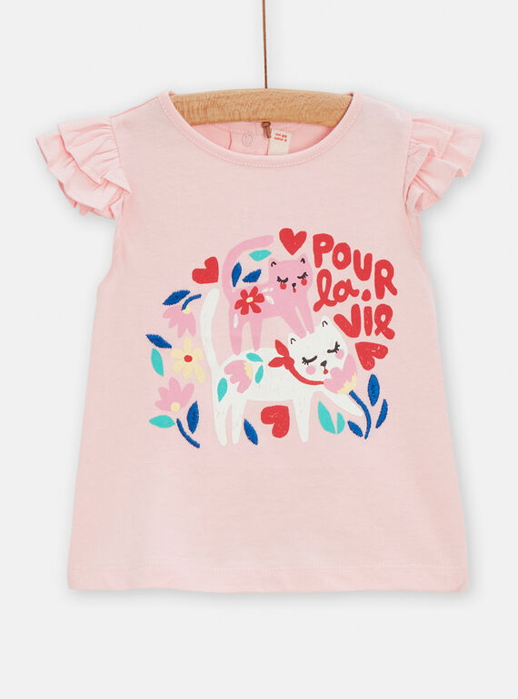 Camiseta de color rosa con estampado de gatos y flores para bebé niña TICLUTI2 / 24SG09O1TMCD328