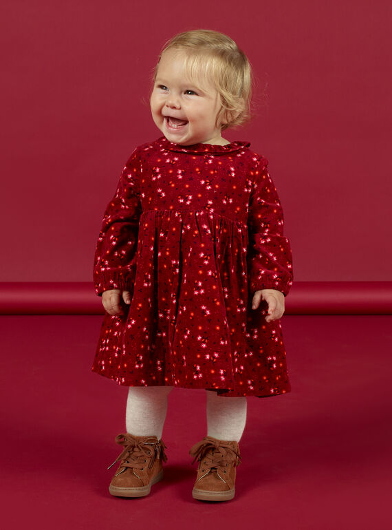 Vestido de color borgoña con cuello avolantado y lunares de colores para bebé niña MIFUNROB3 / 21WG09M2ROB504
