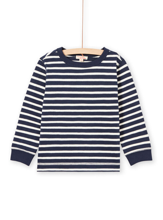 Camiseta de manga larga de rayas de color crudo y azul marino para niño MOJOTIRIB1 / 21W90226TML001