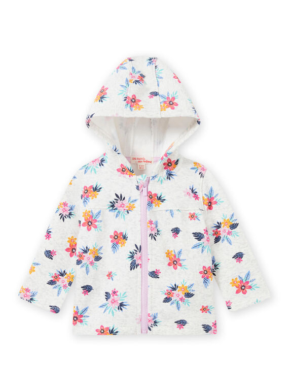 Sudadera de color gris jaspeado con estampado floral para bebé niña MIPLAHOJOG / 21WG09O1JGHJ920