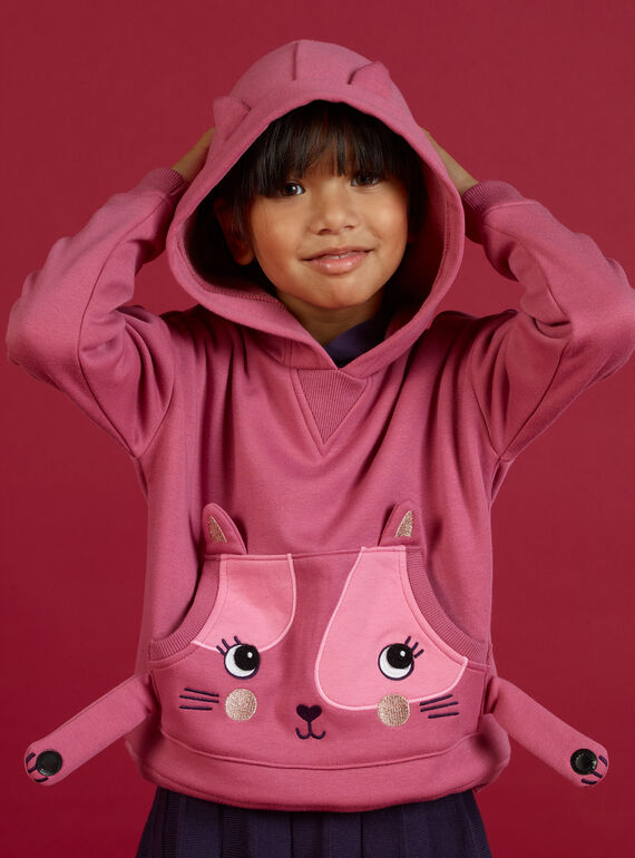 Sudadera rosa con capucha y dibujo de gato para niña MAFUNSWEA / 21W901M1SWEH700