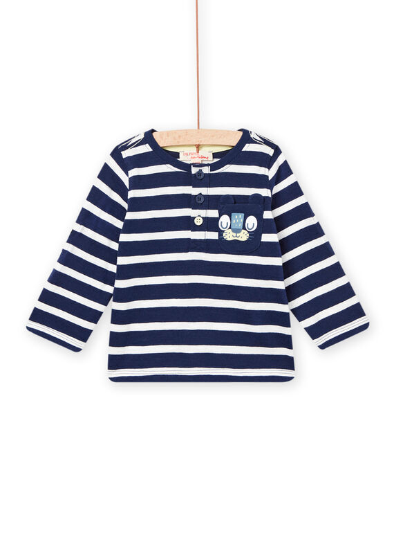 Camiseta de color azul noche con rayas y dibujo de pantera para bebé niño NUJOTUN2 / 22SG1072TML705