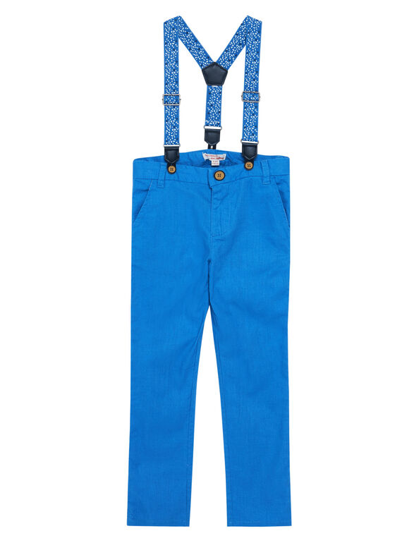Pantalón de color azul de lino y algodón con tirantes estampados para niño JOSOPAN / 20S90281PAN201