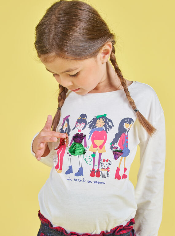 Camiseta de manga abombada de color crudo con estampado de lentejuelas reversibles para niña MAMIXTEE4 / 21W901J5TML001