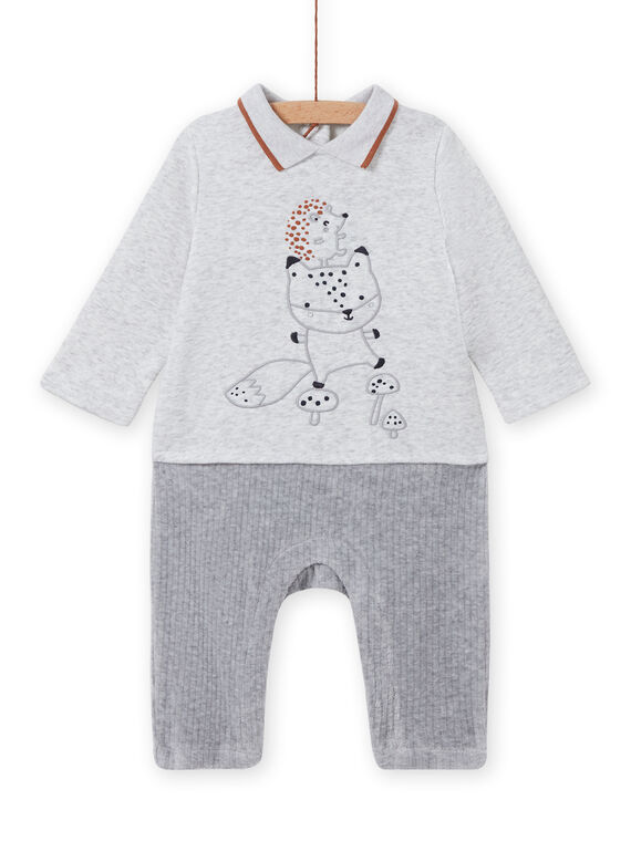 Mono de color gris jaspeado con estampado de zorro y erizo para recién nacido niño MOU1COM3 / 21WF0441CBLJ920