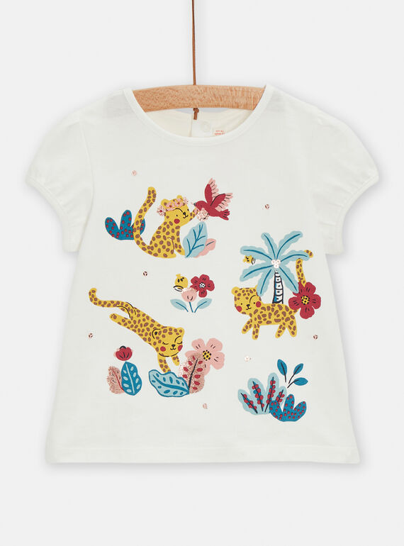 Camiseta de color blanco con estampado de leopardo y flores para bebé niña TICRITI / 24SG09L1TMC001