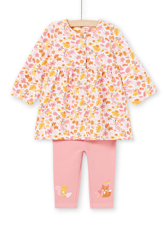 Vestido rosa y amarillo con estampado floral y leggings de color rosa para bebé niña MISAUENS / 21WG09P1ENS632