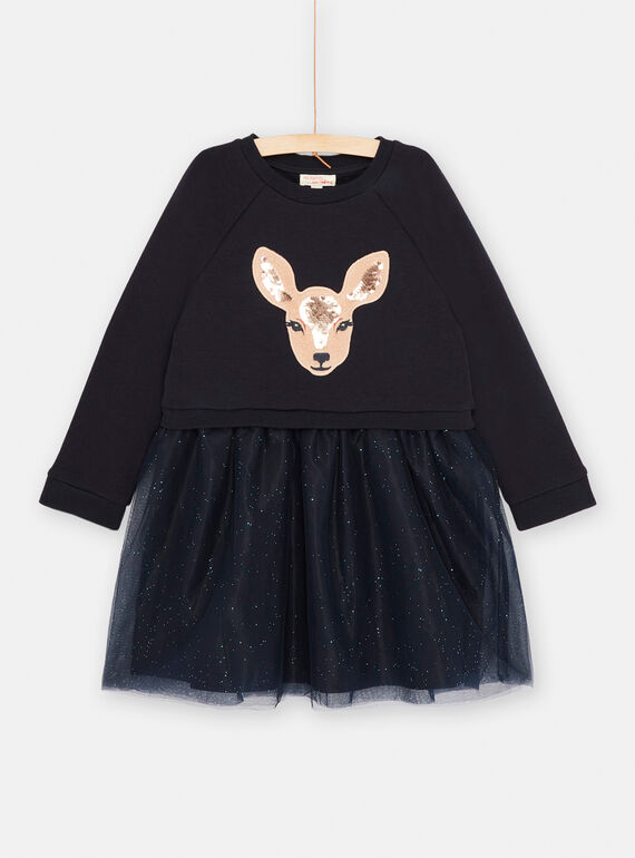 Vestido sudadera negro con dibujo de cara de cierva para niña SAKHOROB2 / 23W901Q3ROBC243