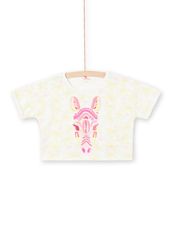 Camiseta blanca de manga corta con estampado floral y cara de cebra bordada para niña LABONTI3 / 21S901W2TMC000