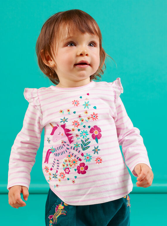 Camiseta de manga larga de color lila de rayas con estampado de unicornio para bebé niña MITUTEE1 / 21WG09K1TMLH700