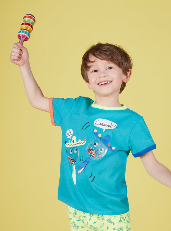 Camiseta de manga corta de color turquesa con estampado de maracas para niño JOMARTI1 / 20S902P3TMCC242