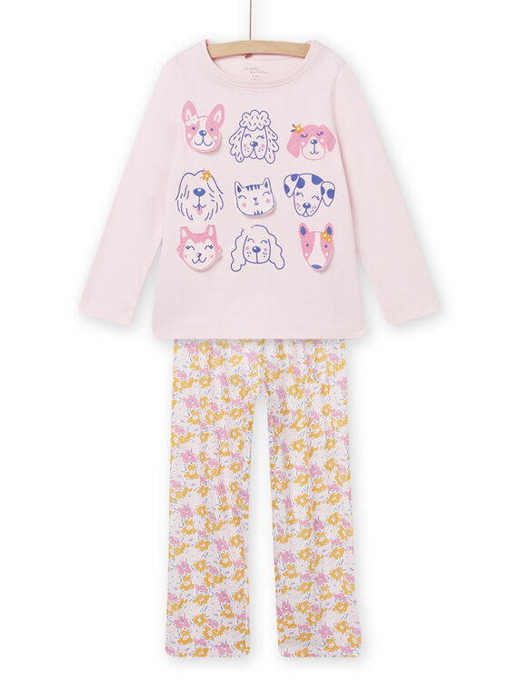 Pijama de camiseta y pantalón rosa con estampado de perros y estampado floral para niña NEFAPYJDOG / 22SH11G3PYJD326