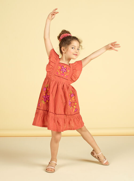 Vestido de rayas de Lúrex® con bordados de flores para niña LATEROB3 / 21S901V1ROBE415