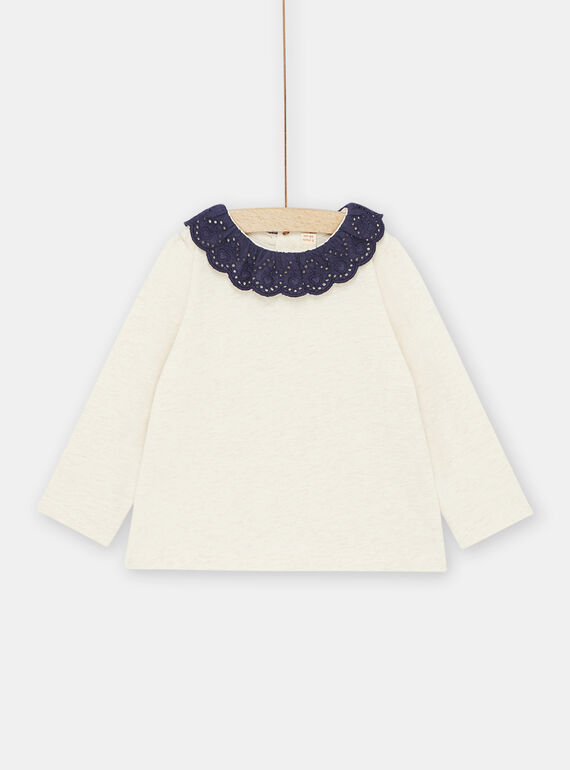 Camisita beige jaspeado claro de cuello azul marino para bebé niña SIJOBRA4 / 23WG09B1BRAA011