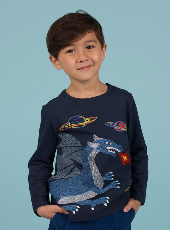 Camiseta azul noche con estampado de dragón y espacio para niño MOPLATEE3 / 21W902O4TML705