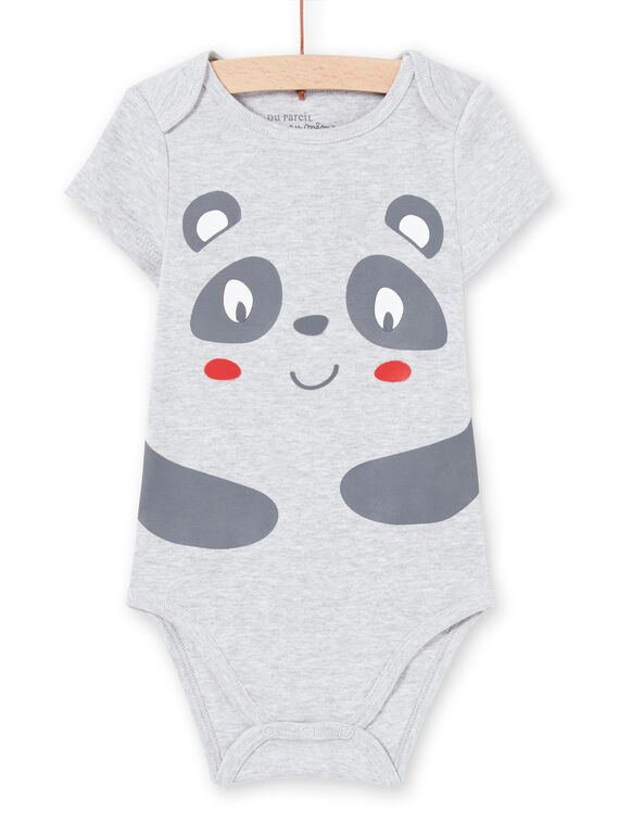 Body de manga corta de color gris jaspeado con estampado de panda para bebé niño MEGABODPAN / 21WH14B1BDLJ920