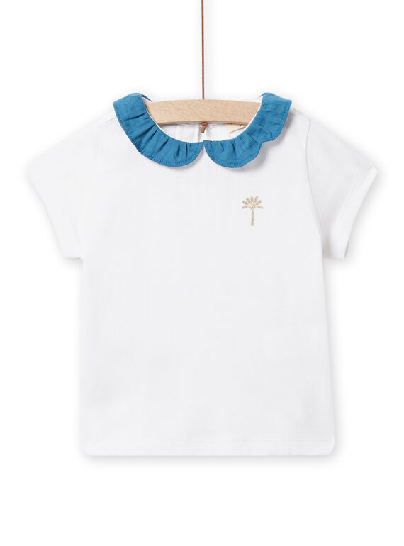 Camiseta de color crudo con cuello avolantado azul petróleo para bebé niña NIJOBRA6 / 22SG09C4BRA000