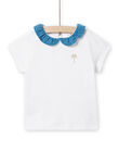 Camiseta de color crudo con cuello avolantado azul petróleo para bebé niña NIJOBRA6 / 22SG09C4BRA000