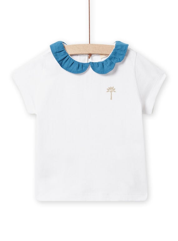 Camiseta de color crudo con cuello avolantado azul petróleo para bebé niña NIJOBRA6 / 22SG09C4BRA000