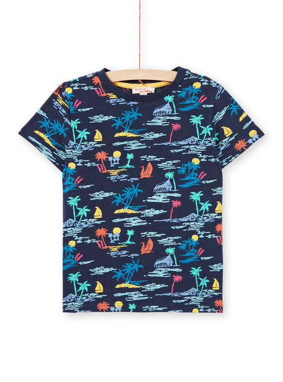 Camiseta de color azul marino y amarillo con estampado de palmeras para niño LOBONTI3 / 21S902W6TMC705