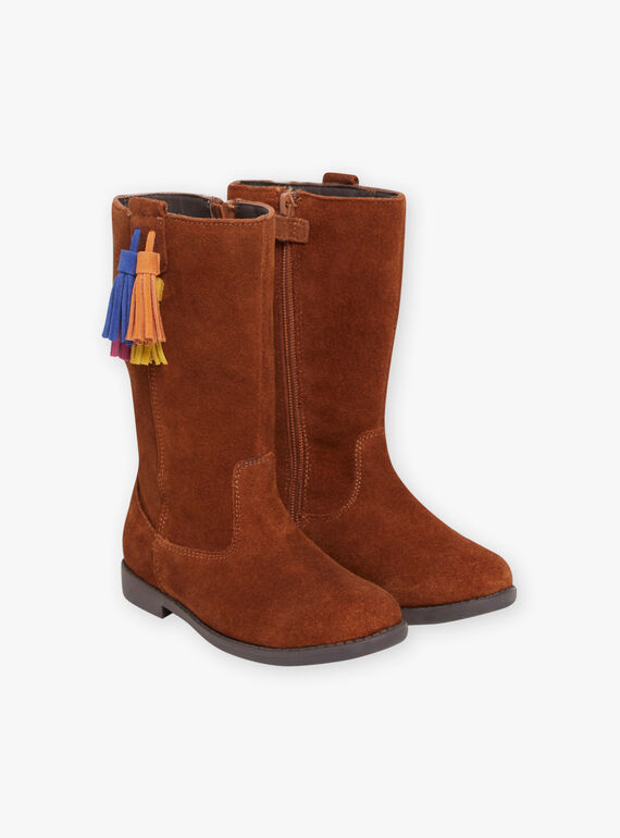 Botas altas color camel de piel y borlas para niña MABOTTEMEL / 21XK3584D10804