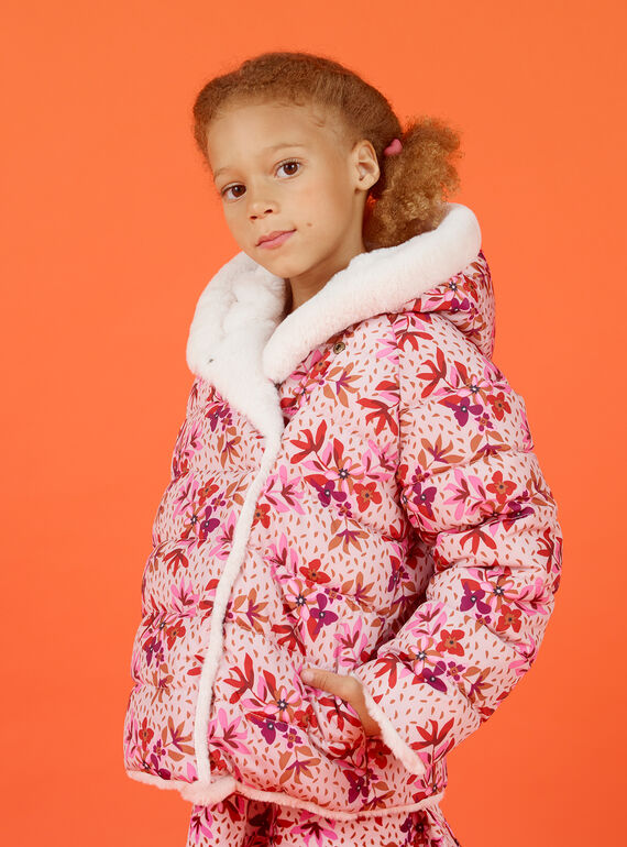 Parka de color crudo y rosa reversible con capucha para niña MACAPARKA / 21W90162PARD329