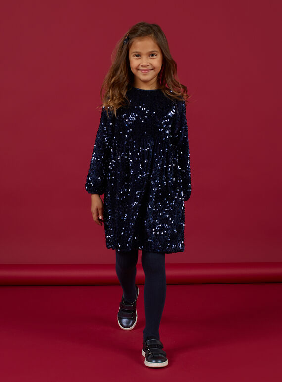 Vestido de terciopelo de color azul marino con lentejuelas para niña MANOROB4 / 21W901Q4ROB070