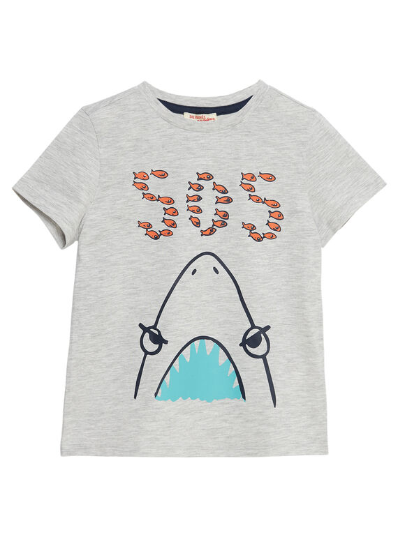 Camiseta de manga corta de color gris jaspeado claro con estampado de tiburón para niño JOJOTI11 / 20S902T5D31J920