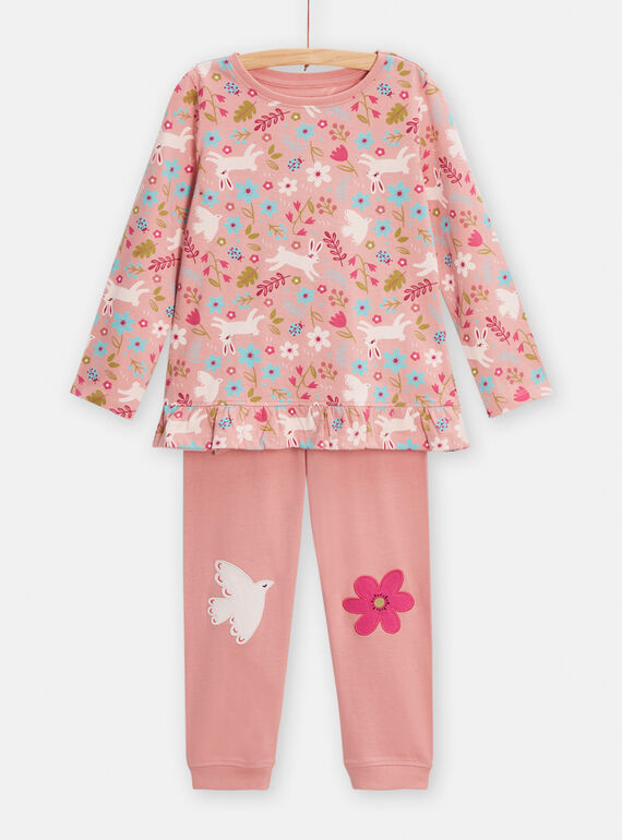 Pijama rosa con estampado de conejos, flores y pájaro para niña TEFAPYJRAB / 24SH1149PYJD319