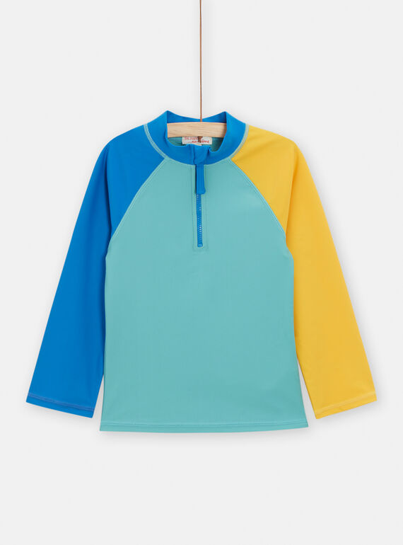 Camiseta de baño de color turquesa con mangas en contraste para niño TYOMERUVTI1 / 24SI02G2TUV202