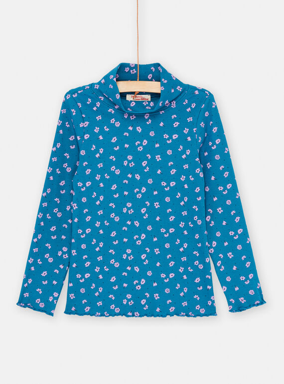 Jersey fino azul petróleo con estampado floral para niña SAJOSOUP6 / 23W901N9SPL215