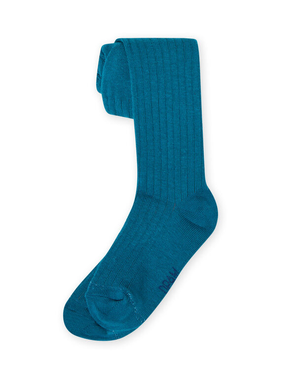 Leotardos lisos de color azul pato de canalé para niña MYAJOCOL4 / 21WI0118COL714