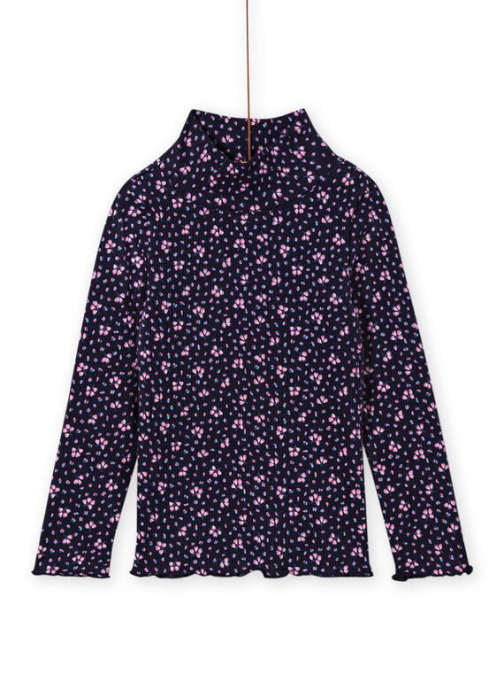Jersey fino de canalé de color azul marino y estampado floral para niña MAJOSOUP6 / 21W901N3SPL070