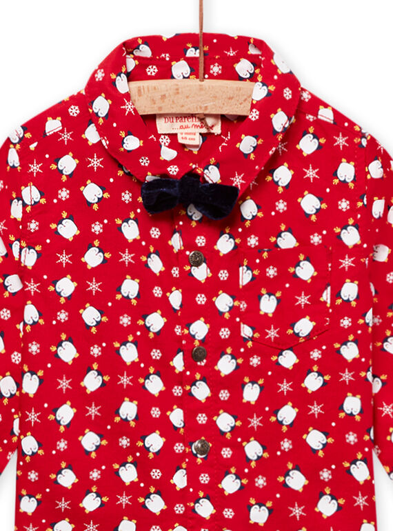 Camisa oxford roja con estampado de pingüino, copos y pajarita para bebé niño MUNOCHEM / 21WG10Q2CHM050