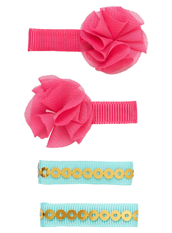 Pack de 4 pinzas - 2 de color rosa (con flores) y 2 de color turquesa con lentejuelas doradas JYAWECLIC1 / 20SI0191BRT955