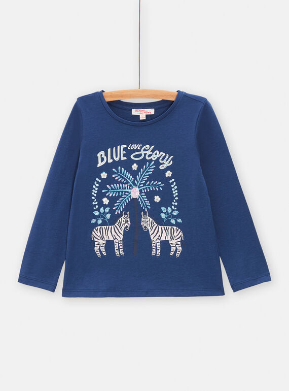 Camiseta azul oscuro con estampado de cebras, palmera y flores para niña TADETEE1 / 24S901J3TMLC220