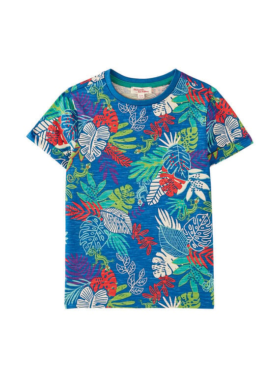 Camiseta de color azul ultramar con estampado de hojas tropicales para niño JOSAUTI4 / 20S902Q3TMC707