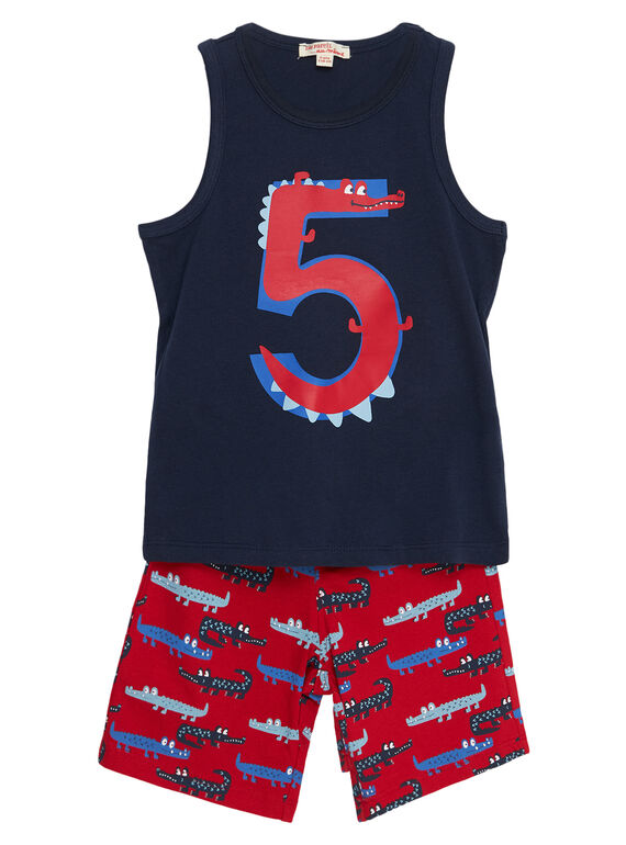 Conjunto de playa de camiseta de tirantes de color azul marino y bermudas de color rojo con estampado de cocodrilo para niño JOPLAENS2 / 20S902X3ENS705