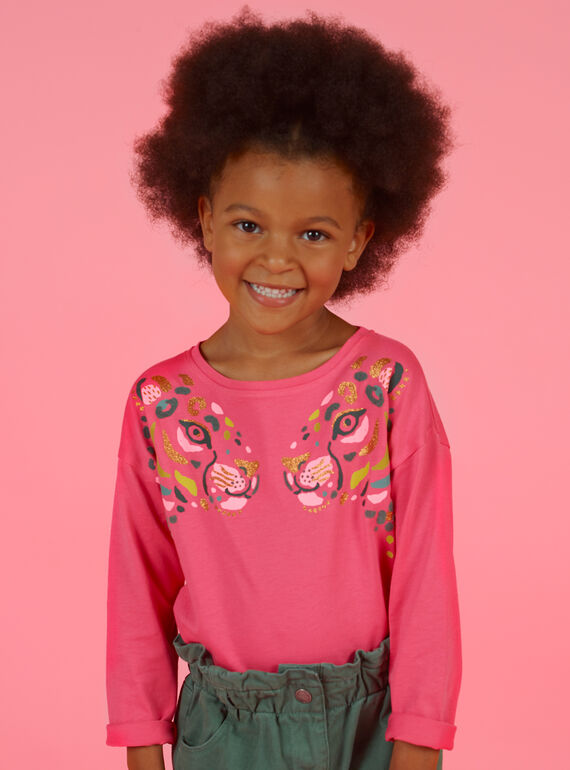 Camiseta de manga larga de color rosa con estampado de leopardo para niña MAKATEE2 / 21W901I1TMLD305