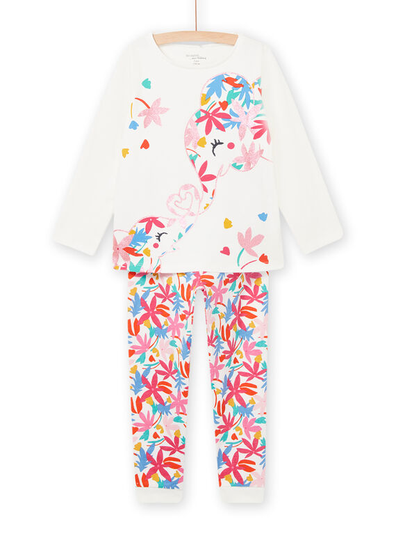 Pijama de camiseta y pantalón de color crudo con estampado de elefantes para niña NEFAPYJLOV / 22SH11E4PYJ001